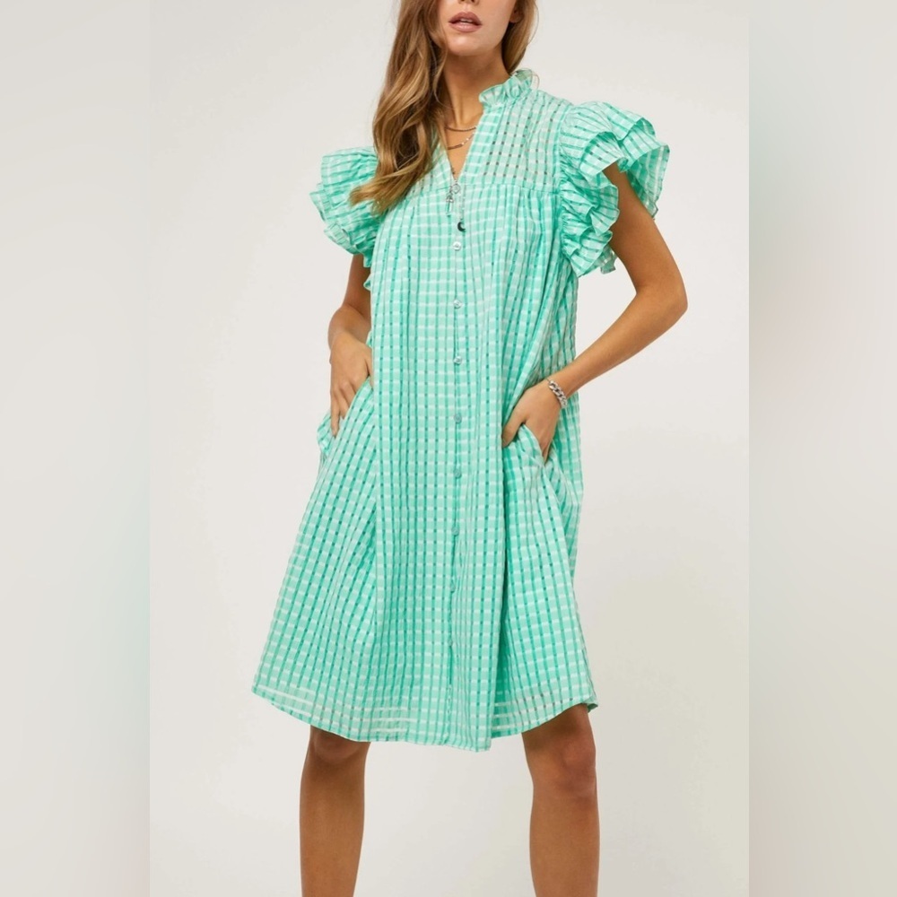 Davi & Dani Green Gingham Ruffle Sleeve Button Front Babydoll Dress Pockets M